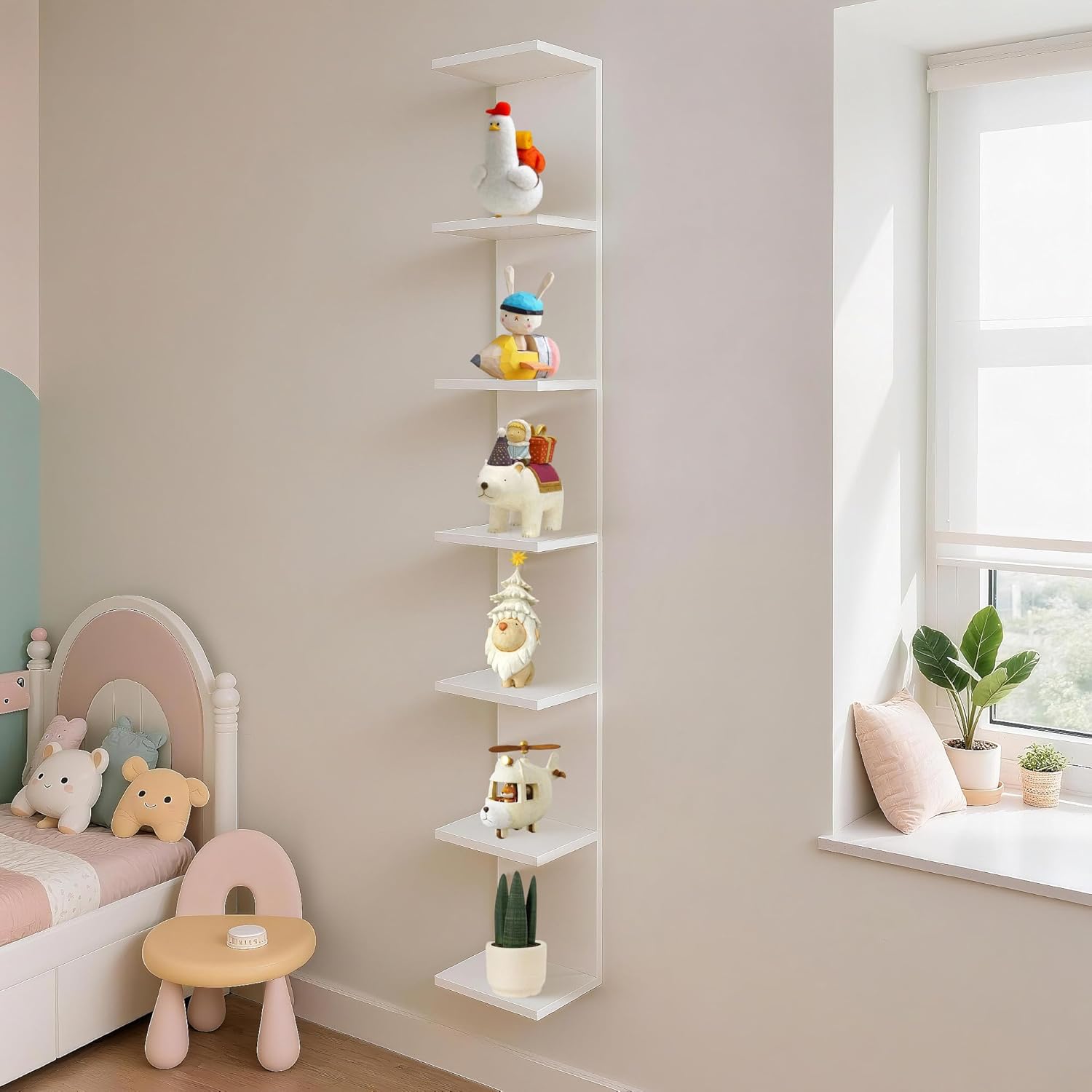 FURAOMEILI 7 Tier Wall Shelf Unit,Vertical Column Floating Storage Home Decor Organizer,White Lack Wall Shelf for Bedroom,Living Room,Office Decor(1 Pack)